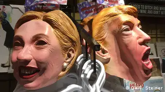 Masks of Hillary Clinton and Donald Trump in a shop in Vancouver, Canada